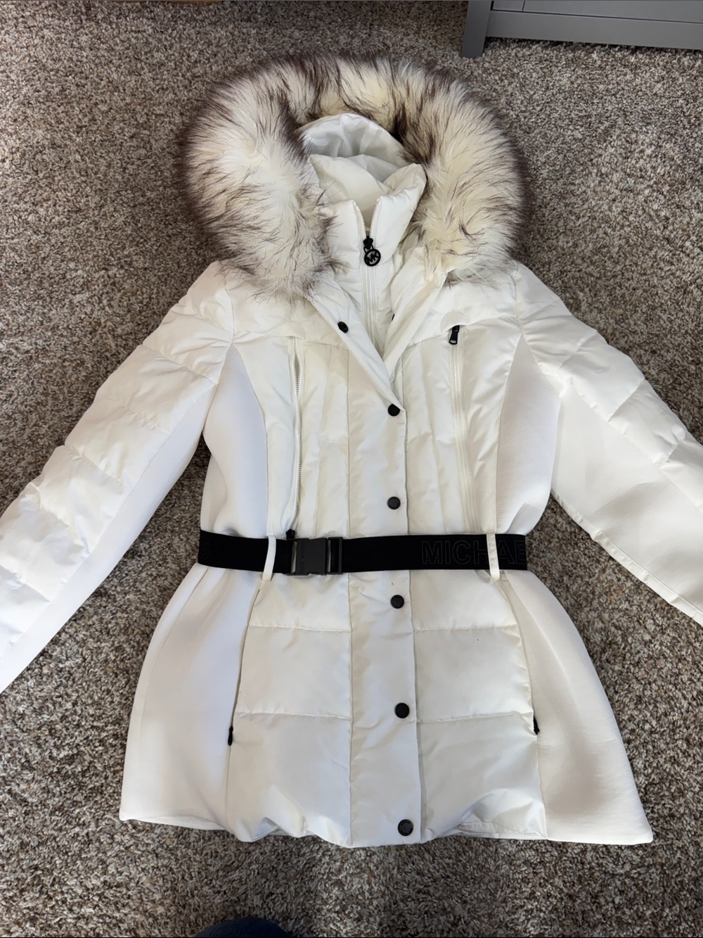 Michael Kors Cream-White Quilted Hooded Puffer with Faux Fur Trim